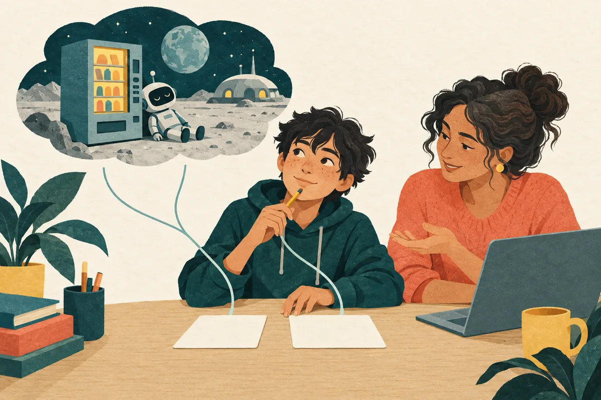 Illustration of a parent listening as a teen chooses how a robot’s story will end.